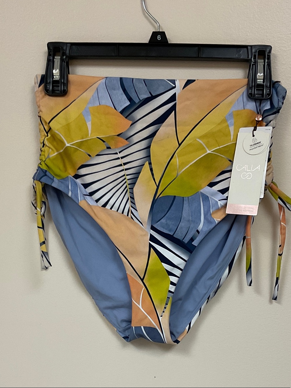 Alia High-Waist Tie-Side Bikini Bottom - Blue, Yellow, Peach Leaf Print